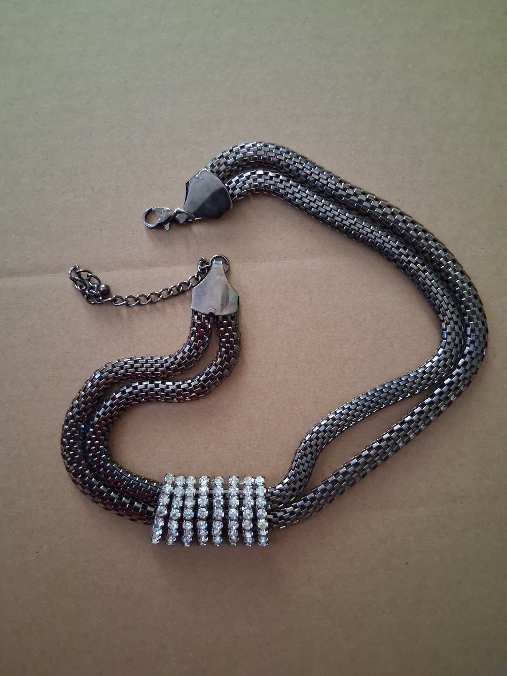 Source Unknown Gunmetal Multi-Strand Necklace with Clear Crystal Accent